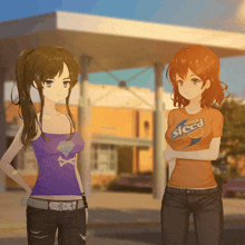 two anime girls are standing next to each other and one has a shirt that says sliced