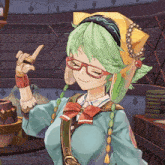a girl with green hair and glasses is wearing a yellow hat