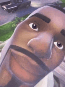 a close up of a cartoon character 's face with a mustache and a car in the background .