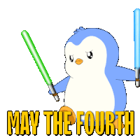 a penguin is holding two lightsabers and the words may the fourth are below it