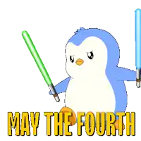 a penguin is holding two lightsabers and the words may the fourth are below it