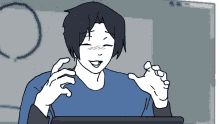 a black and white drawing of a person with a blue shirt