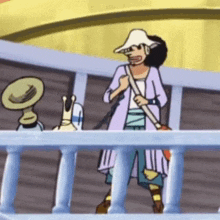 a cartoon character standing on a balcony holding a broom