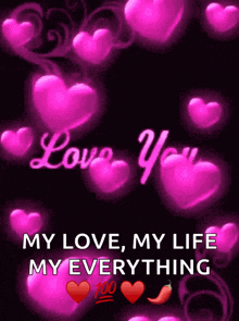 a black background with pink hearts and the words " love you "