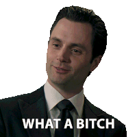 a man in a suit and tie has the words what a bitch written on his face