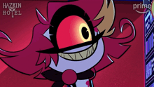 a poster for hazbin hotel shows a cartoon character smiling