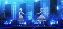 a group of anime characters are dancing on a stage in front of a city skyline