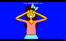a cartoon of a girl covering her eyes with her hands on a blue background