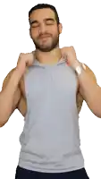 a man with a beard is wearing a gray tank top