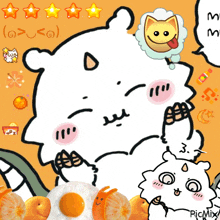 a cartoon drawing of a sheep with eggs and oranges with picmix written in the bottom right corner