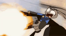 a cartoon character is holding a gun in his hand and firing it .