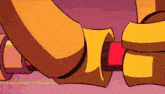 a close up of a cartoon character 's legs with a red object between them