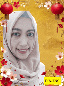 a woman in a white hijab is surrounded by red lanterns and flowers with a yellow label that says diajeng