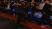 a man is walking down a red carpet in front of a sign that says aew
