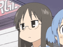 a girl with glasses is standing in front of a sign that says rgil