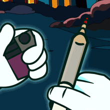 a cartoon character holding a lighter and a pencil