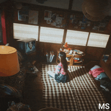 a woman sits on a rug in a living room with the letters ms on the bottom right