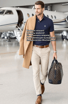 a man is walking with a bag in front of an airplane with the words weekend relaxant on the bottom