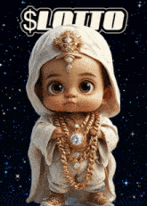 a baby with a hood and gold chains stands in front of the word lotto