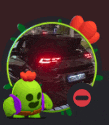 a green cactus with a red flower on its head is standing in front of a car .