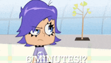 a cartoon girl with purple hair is standing in front of a tree and the words 6 minutes