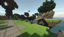 a minecraft scene with a few trees and a bird flying in the sky