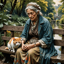 a painting of an elderly woman sitting on a bench with a cat on her lap