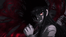 a girl with long black hair and red eyes is surrounded by blood