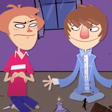 two cartoon characters sitting next to each other with one wearing a suit
