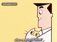 bubbles from the powerpuff girls is flying over a man holding a white cat .