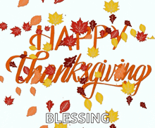 a happy thanksgiving blessing with leaves floating around it