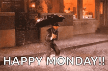 a man is holding an umbrella in the rain with the words happy monday written below him .