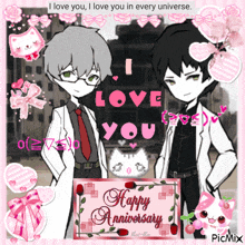 a couple of anime characters standing next to each other with a happy anniversary card