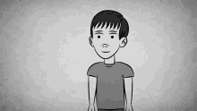a black and white drawing of a boy in a t-shirt