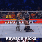 two men in a wrestling ring with the words kawada kicks written on the bottom