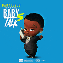 a baby jesus cartoon character holding a cell phone on a blue background