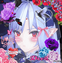 a picture of a girl with purple roses and the word devil on it