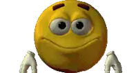 a yellow smiley face with big eyes and gloves