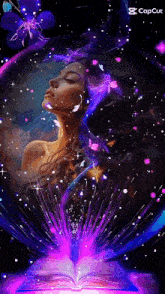 a painting of a woman with her eyes closed surrounded by purple and blue lights