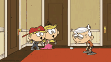 a cartoon of a girl in a pink dress talking to a boy in a red hat