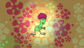 a green cartoon character wearing a pink hat is dancing in front of flowers