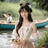 a woman in a white dress is holding a basket of food in front of a boat