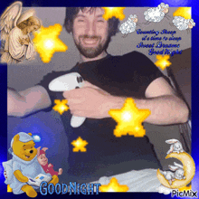 a picture of a man holding a video game controller with a good night message