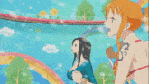 a cartoon girl with long black hair is holding a sword