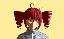 a girl with red hair and orange eyes is wearing a jacket with the letter e on the front