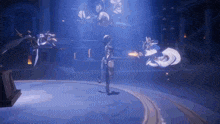 a person is standing in a dark room with a sword in their hand