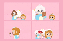a cartoon of a girl holding a teddy bear and a poop on her head