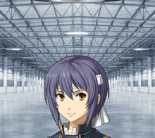 a girl with purple hair is standing in an empty building