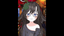 a girl with glasses and a clover on her head is giving the middle finger .