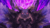 a monster with horns and red eyes is surrounded by purple light